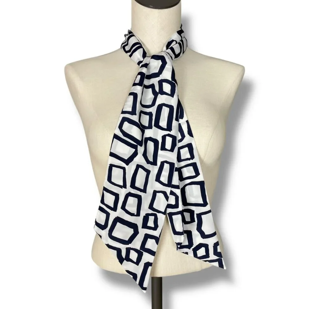 Vintage Long Scarf Abstract Shapes Squarish Narrow Dark Navy Blue White 27